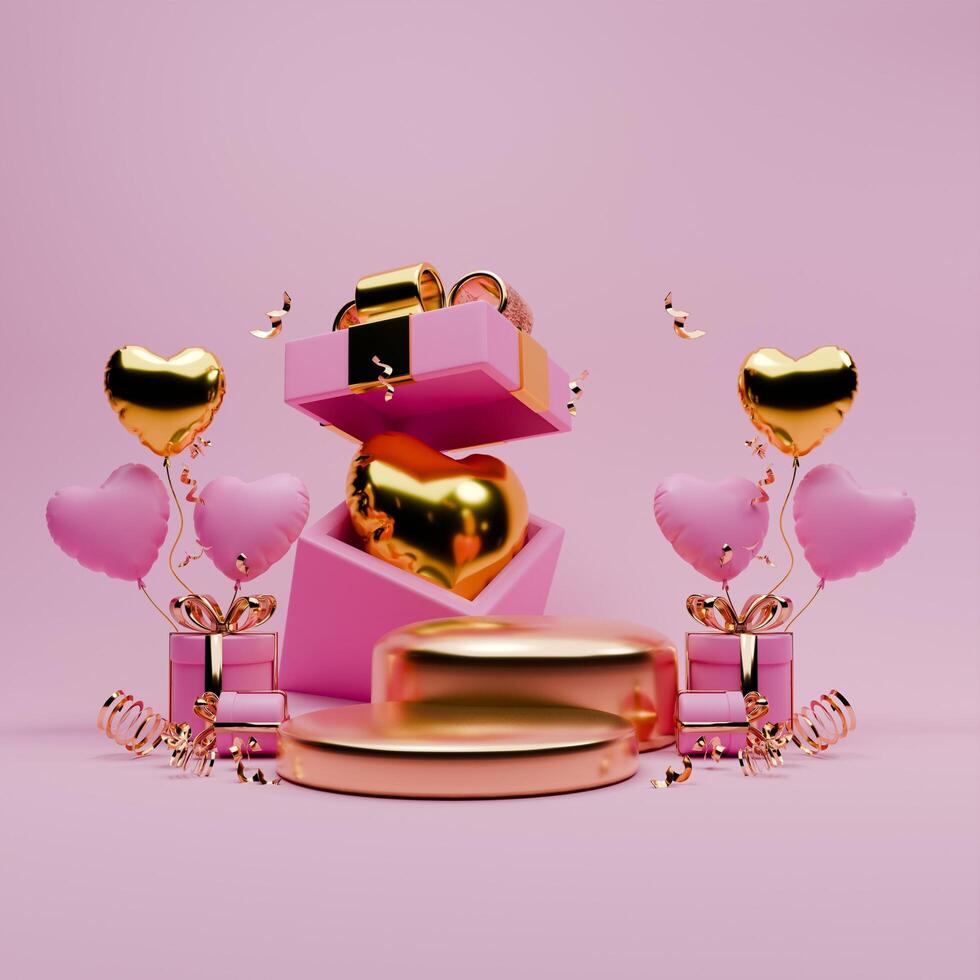 3D rendered pink and gold valentine themed podium display featuring of confetti, gift boxes, and love balloons photo