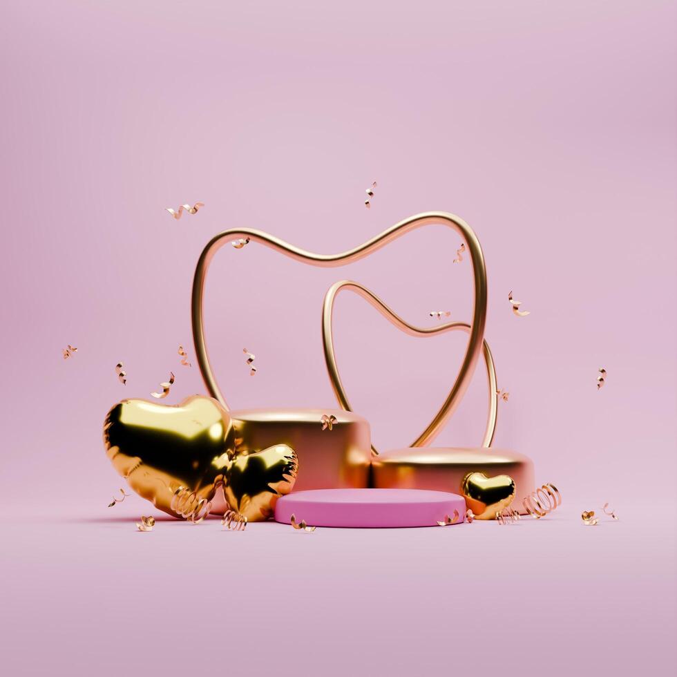 3D rendered pink and gold valentine themed podium display featuring of confetti and love balloons for social media post template photo