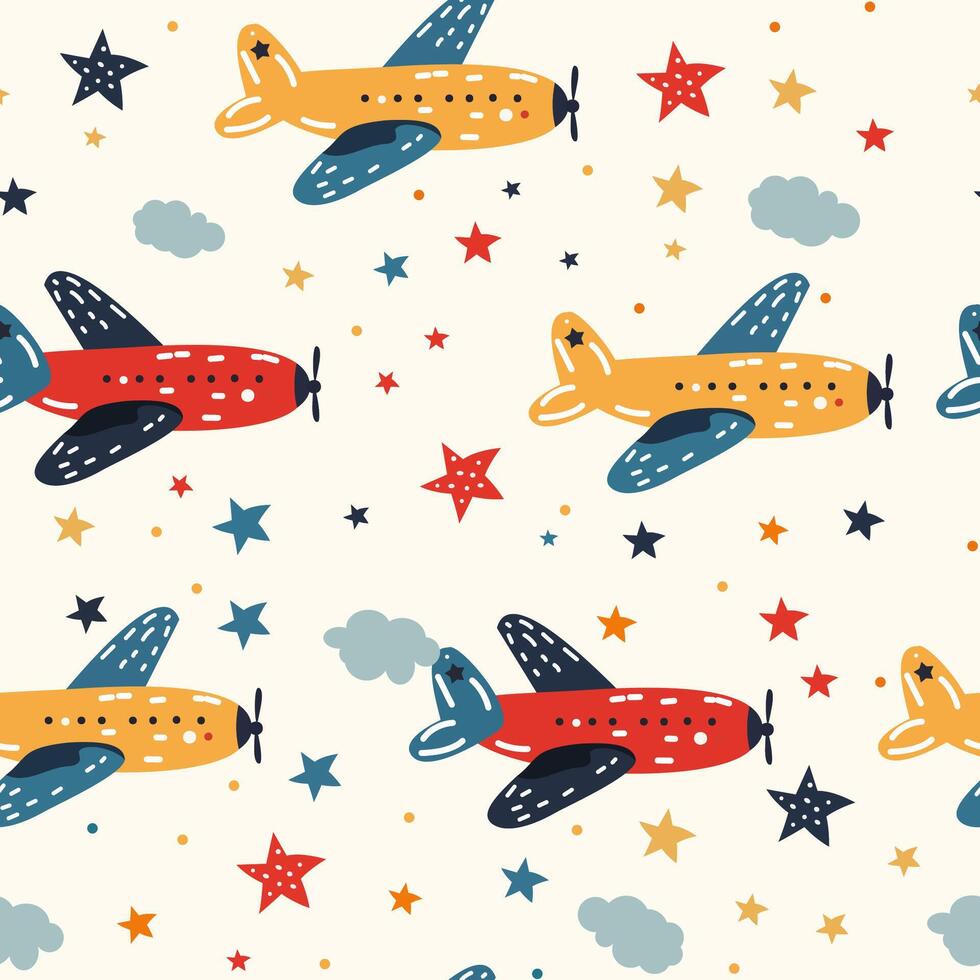 Cute Childish Seamless Pattern Background with Airplane. Vector Illustration