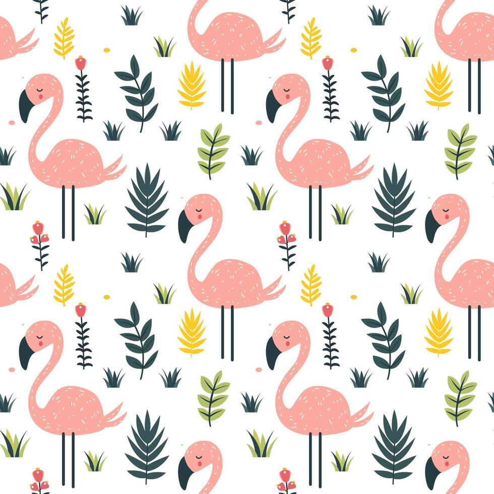 Cute Pink Flamingo and Exotic Leaves Seamless Pattern Background. Vector Illustration