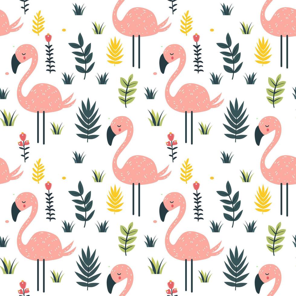 Cute Pink Flamingo and Exotic Leaves Seamless Pattern Background. Vector Illustration