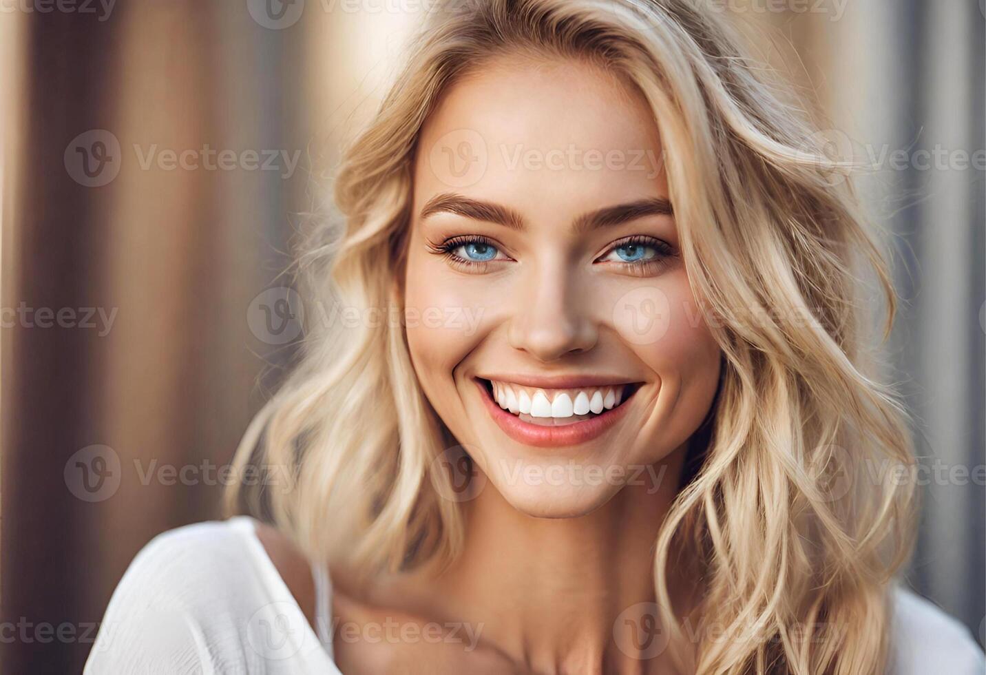 ai generado rubia de belleza deslumbrante sonrisa y perfecto piel dientes anuncio azul ojos niña foto