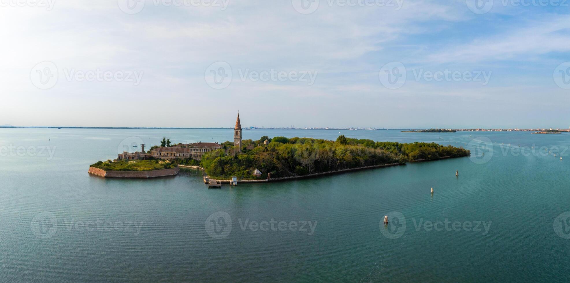 Aerial view of the plagued ghost island of Poveglia in the Venetian lagoon photo