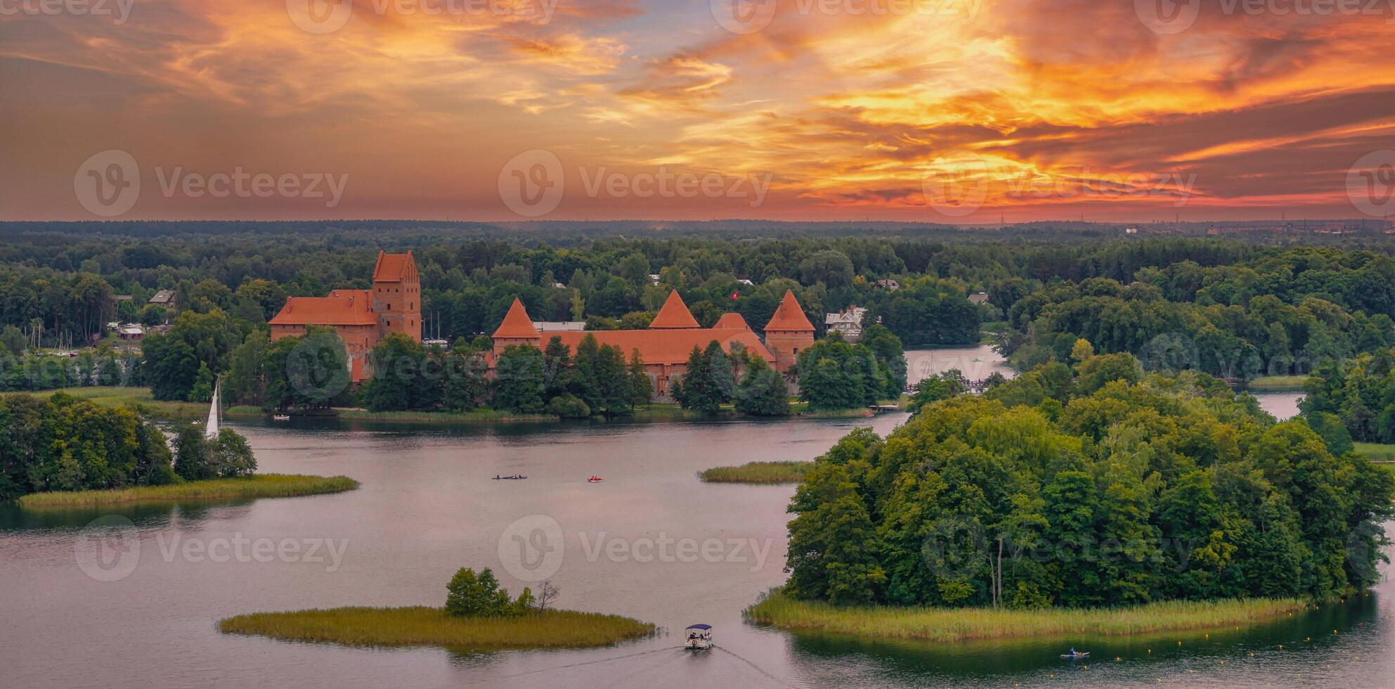 Aerial view of Trakai, over medieval gothic Island castle in Galve lake. photo