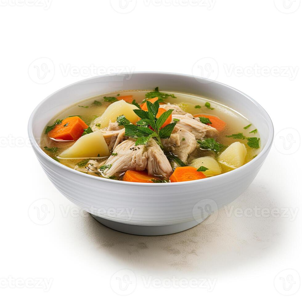 AI generated Chicken soup with vegetables closeup photo