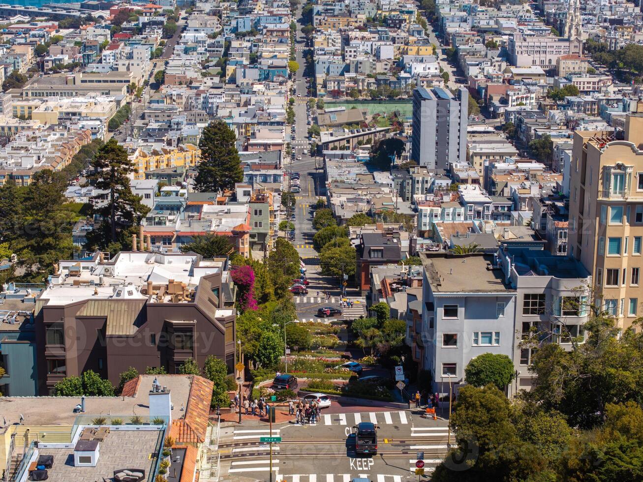 Panoramic view of aerial Lombard Street, an east west street in San Francisco, California. photo