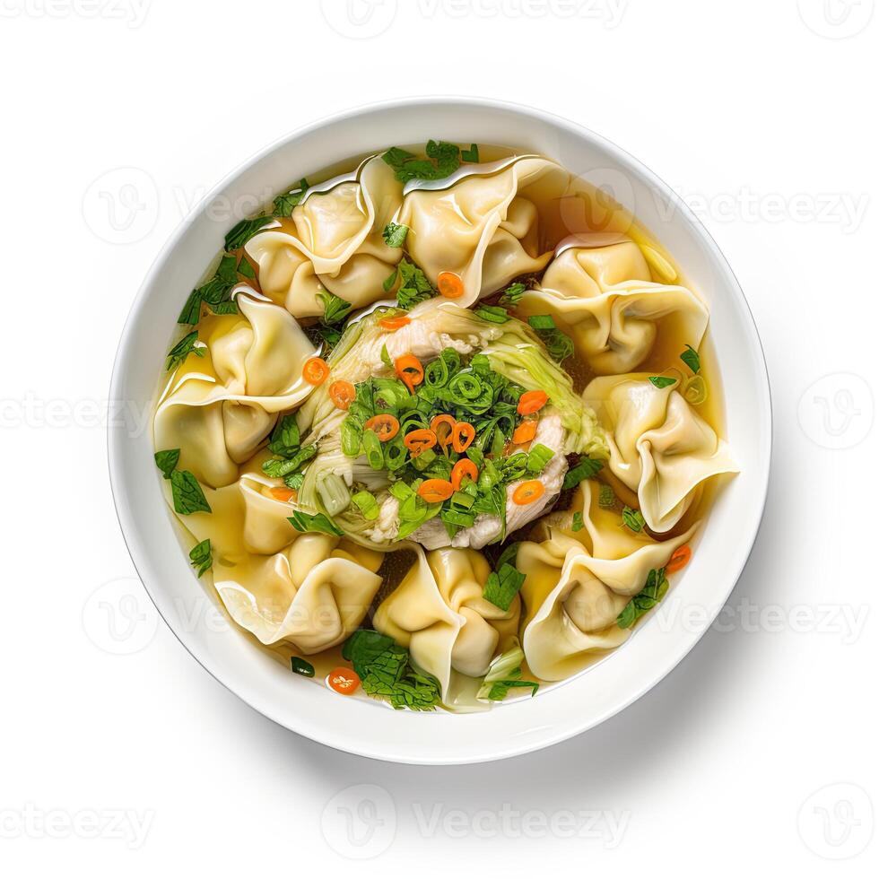 AI generated Wonton soup closeup isolated on white background photo