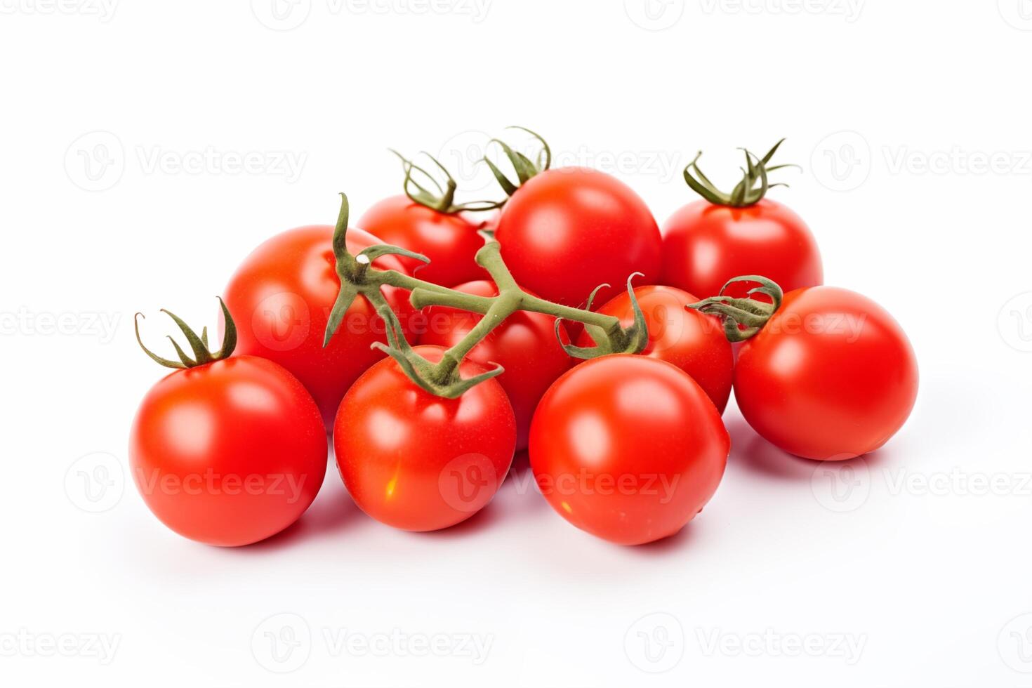 AI generated A group of tomatoes with green stems isolated on white background photo