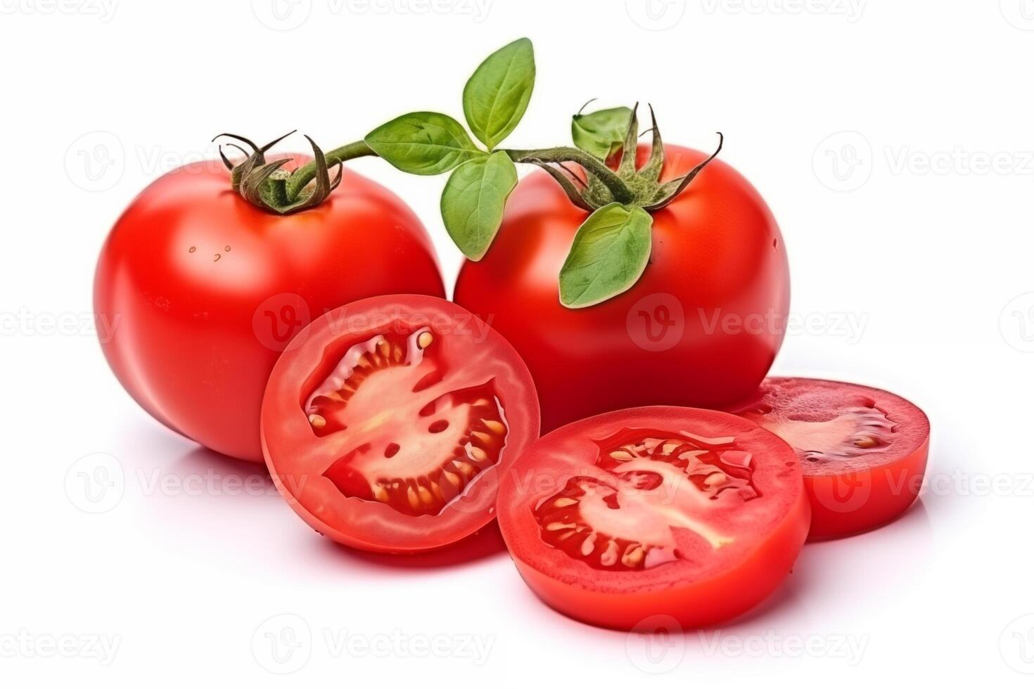 AI generated A group of tomatoes with leaves isolated on white background photo