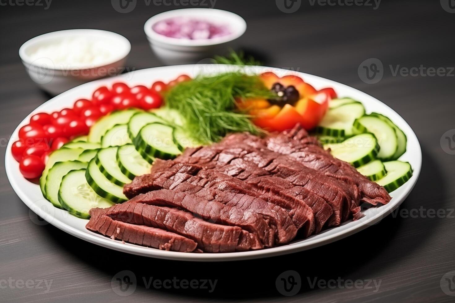 AI generated beef steak with vegetables Isolated on white background photo
