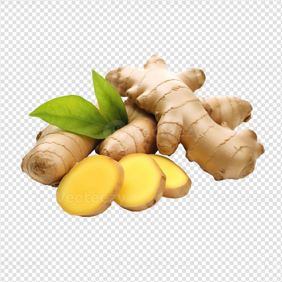 AI generated ginger with leaves isolated on transparent background photo