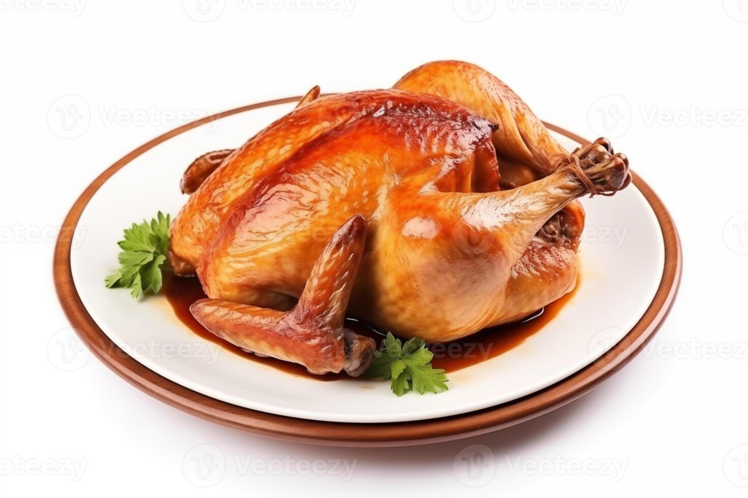 AI generated roasted chicken on a plate Isolated on white background photo