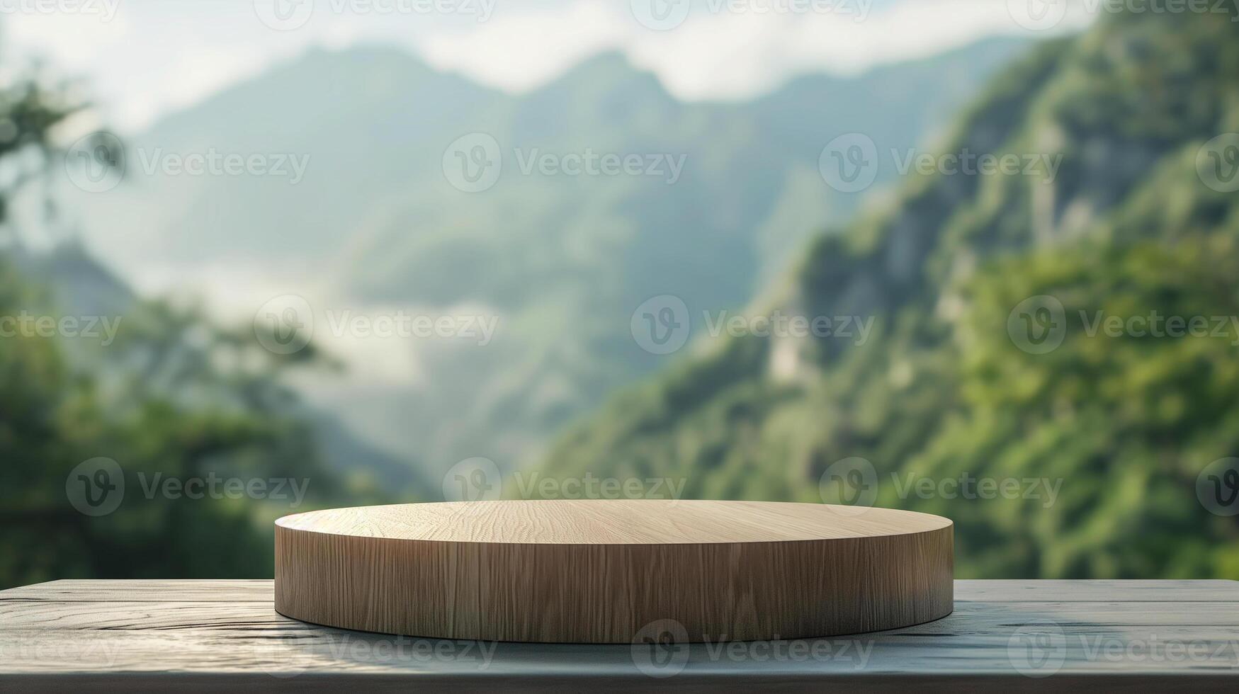 AI generated empty wooden product round podium on nature blur background. Background for natural cosmetics and branding photo