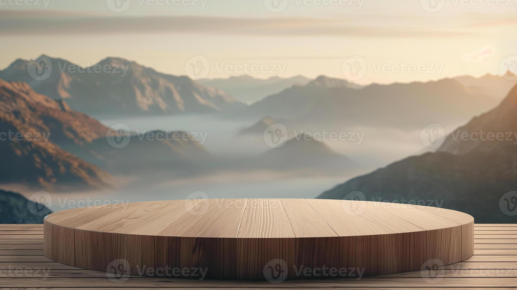 AI generated empty wooden product round podium on nature blur background. Background for natural cosmetics and branding photo