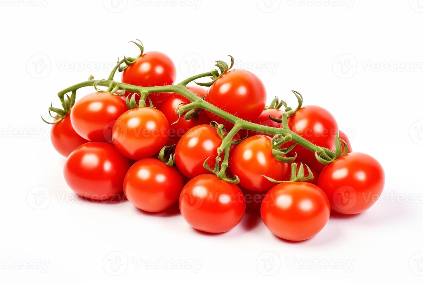 AI generated A group of tomatoes with green stems isolated on white background photo