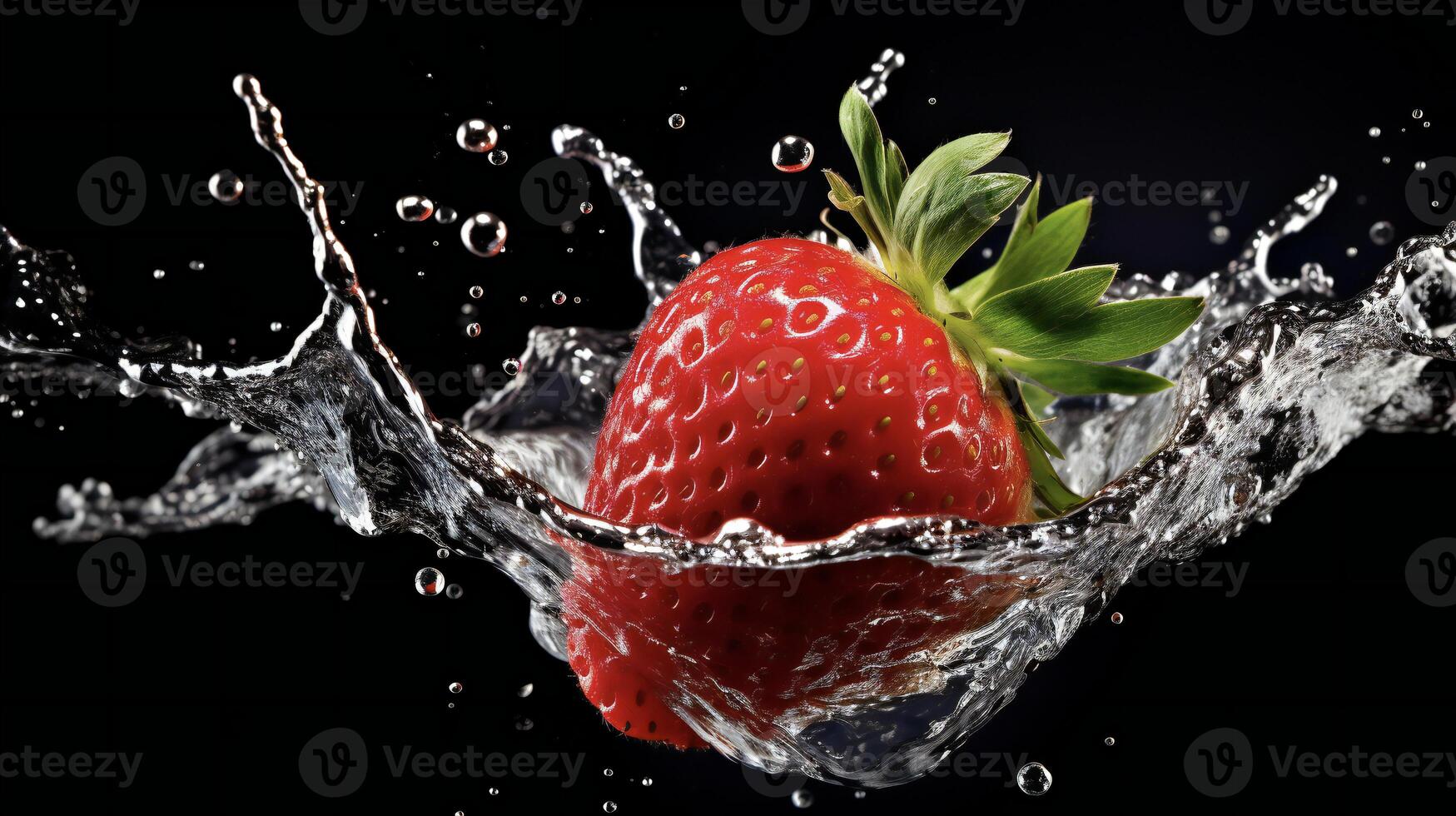 ai generado un fresa es salpicaduras en agua foto