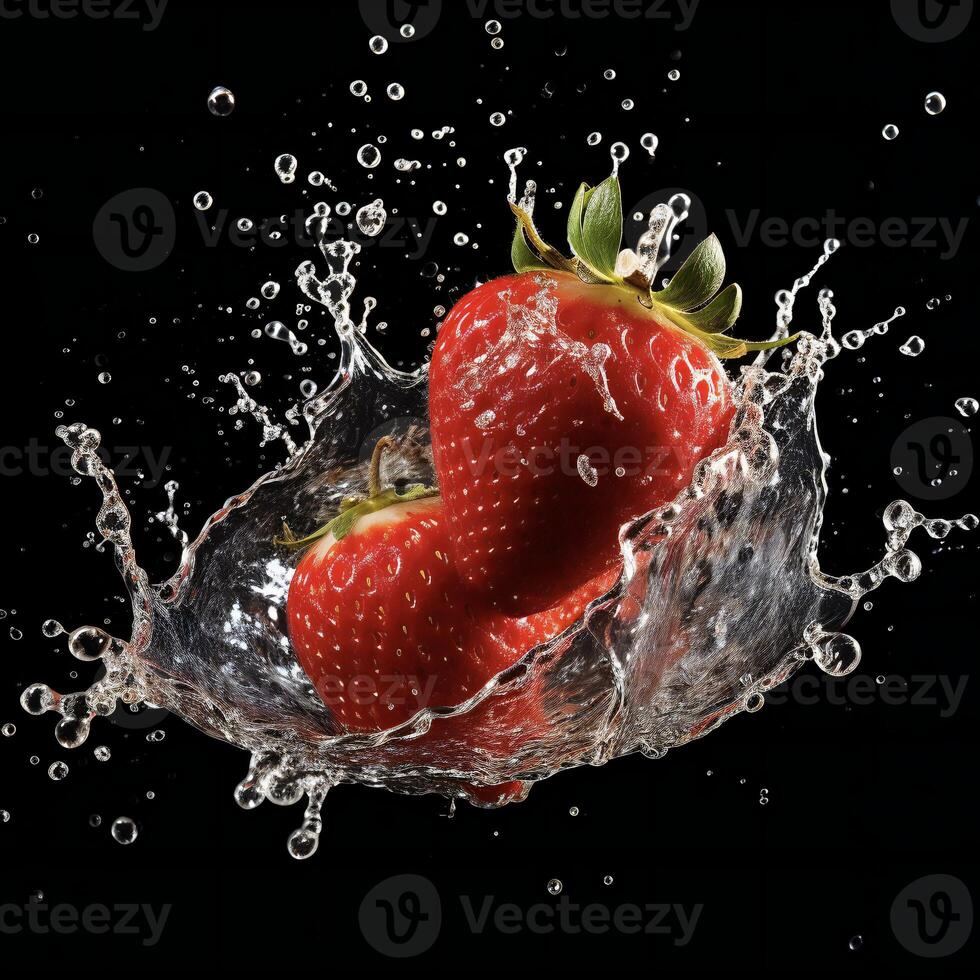 ai generado un fresa es salpicaduras en agua foto