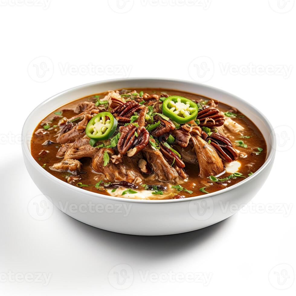 AI generated Turtle soup closeup isolated on white background photo