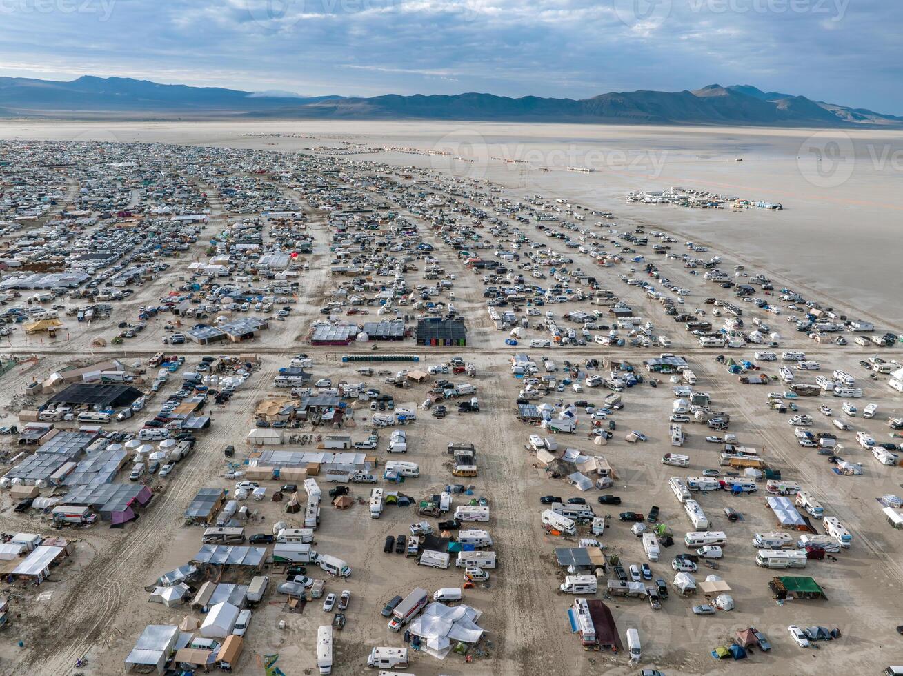 Aerial view of the Burning Man festival in Nevada desert. Black Rock city from above. photo