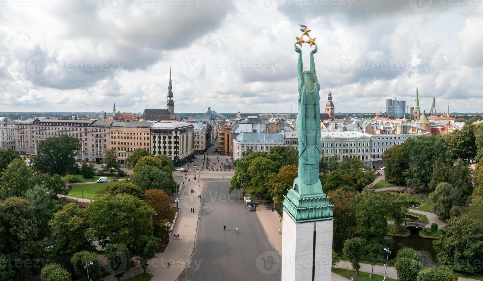 Amazing Aerial View of the Statue of Liberty Milda in Riga photo