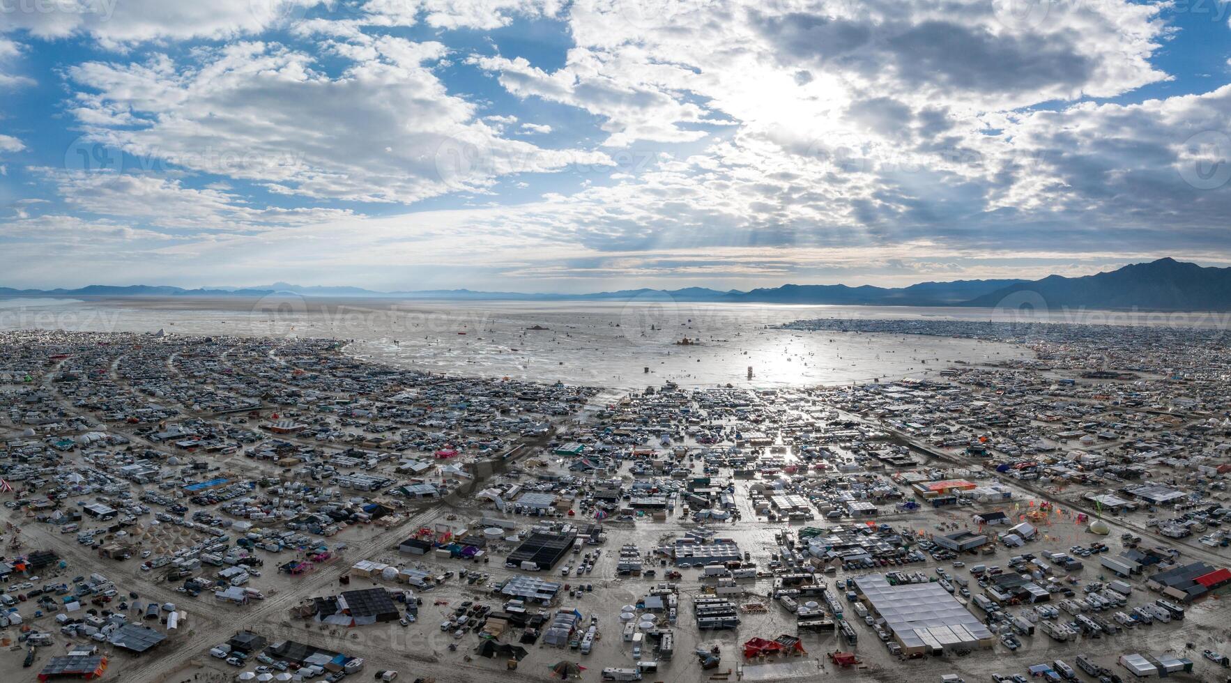 Aerial view of the Burning Man festival in Nevada desert. Black Rock city from above. photo