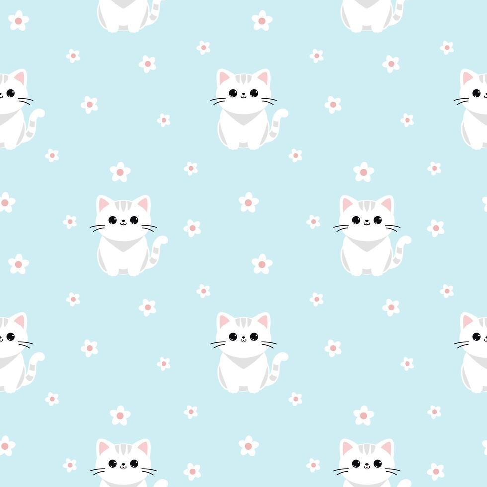 Cute cat and flowers seamless background. Cat design on blue Background. vector