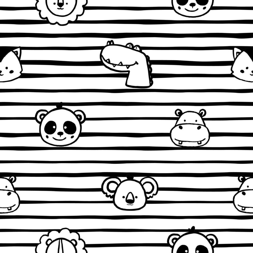 Cute animal faces. Vector seamless black and white pattern. Doodle funny animals on strip background