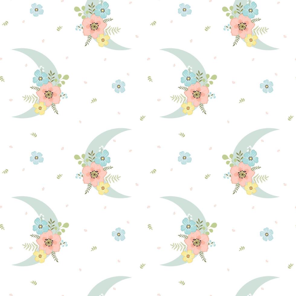 Trendy seamless pattern with moon, flowers and leaves vector