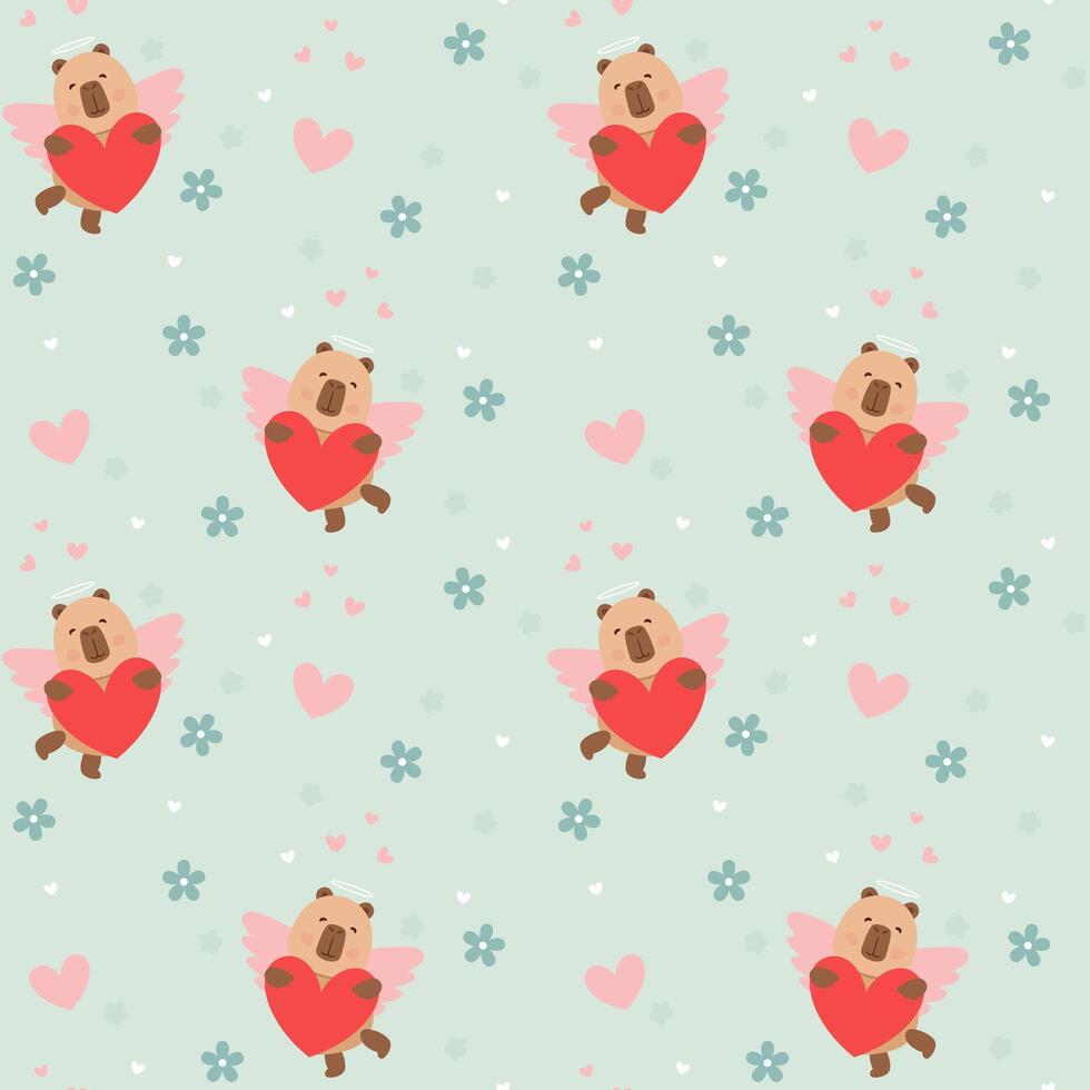 Seamless pattern with capybara and hearts. Background for wrapping paper, greeting cards and seasonal designs. Happy Valentine's day. vector