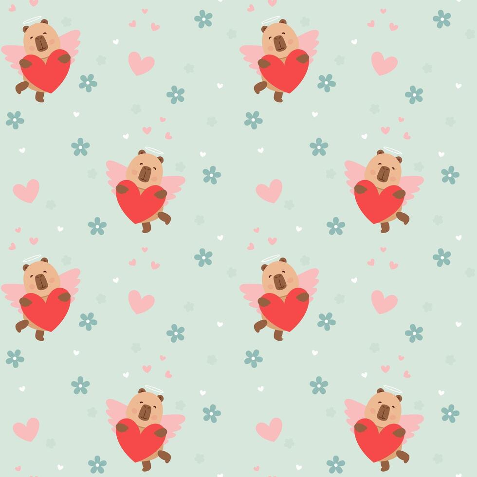 Seamless pattern with capybara and hearts. Background for wrapping paper, greeting cards and seasonal designs. Happy Valentine's day. vector