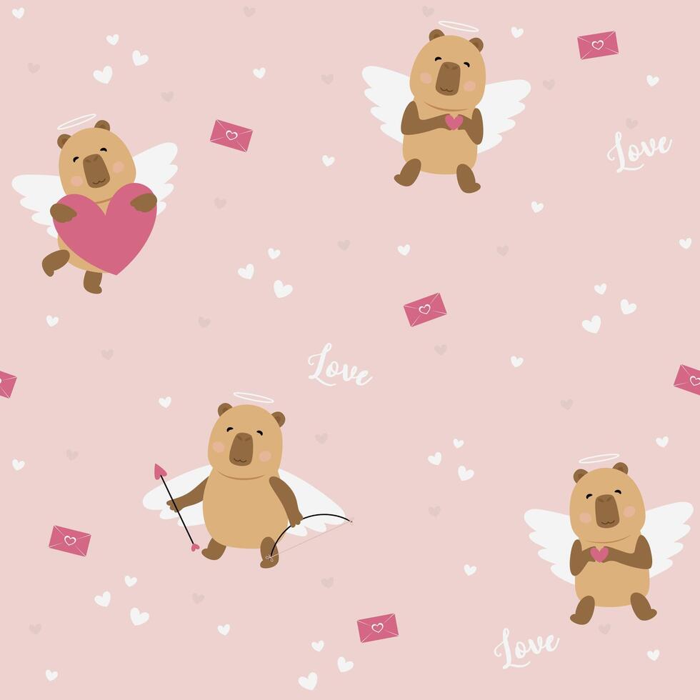 Valentine's background with arrows, hearts, love and capybara. Seamless pattern with holiday design elements. Happy Valentine's Day. Lovely animal. vector