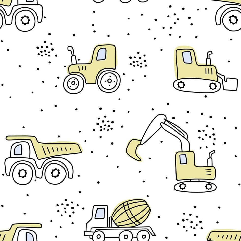 Vector seamless repeating children simple pattern with cars. Kids seamless pattern with building equipment. Funny construction transport