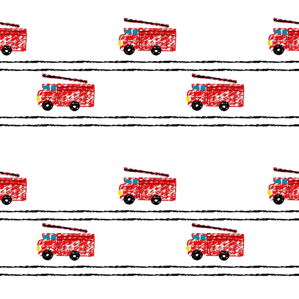 Primitive fire cars in kids style.  Fire truck seamless pattern. Simple kids illustration hand drawn by crayola or pencils vector