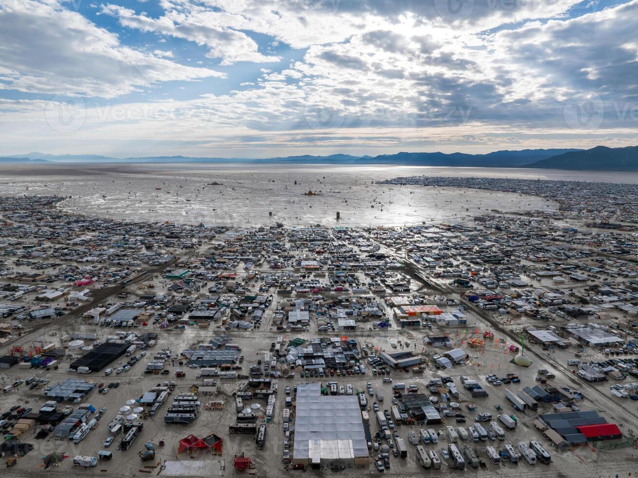 Aerial view of the Burning Man festival in Nevada desert. Black Rock city from above. photo