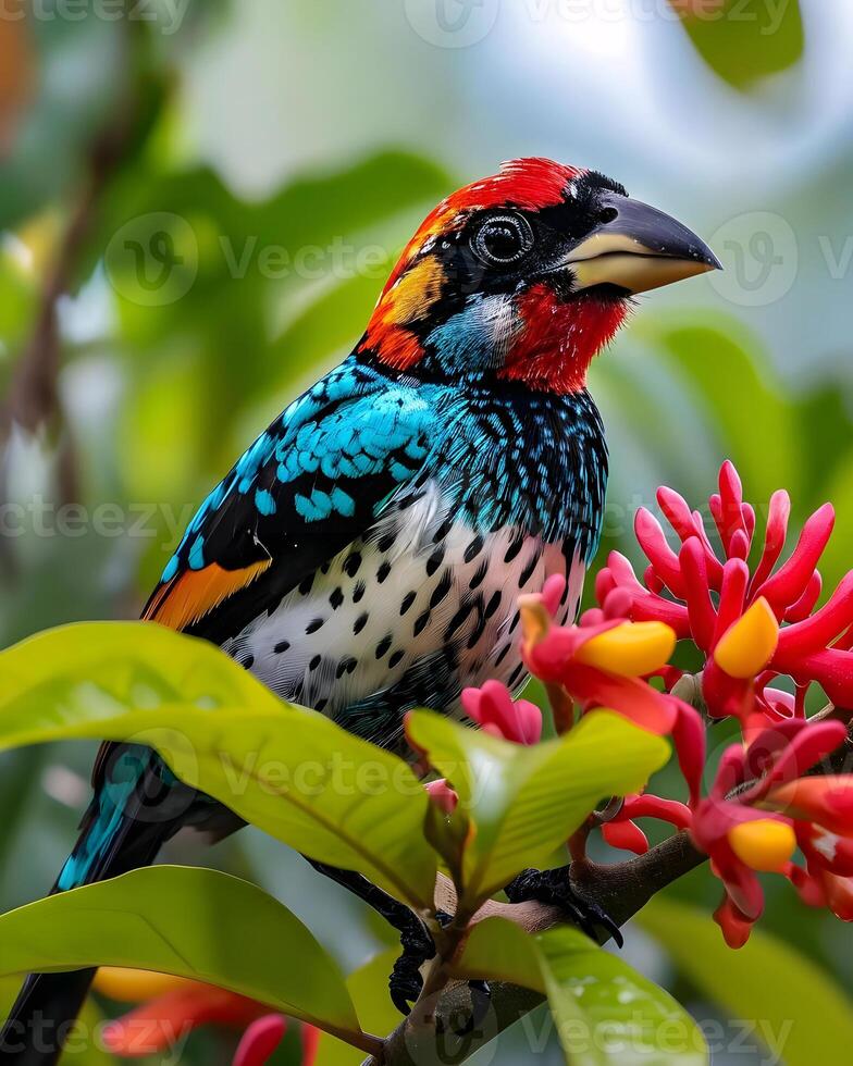 ai generado un vistoso pájaro sentado en parte superior de un rojo flor foto