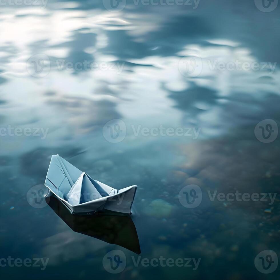 ai generado un papel barco flotante en parte superior de un cuerpo de agua foto