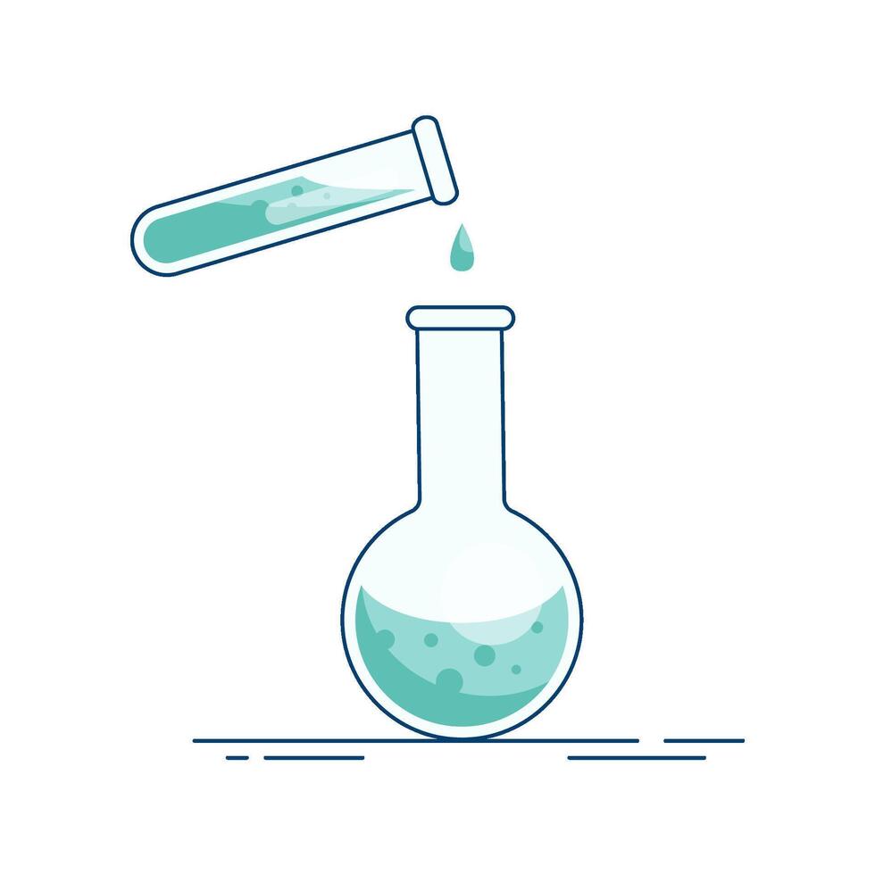 un matraz con un de colores solución y un prueba tubo. químico reacción. laboratorio pruebas mezcla de reactivos experimentar y observación vector