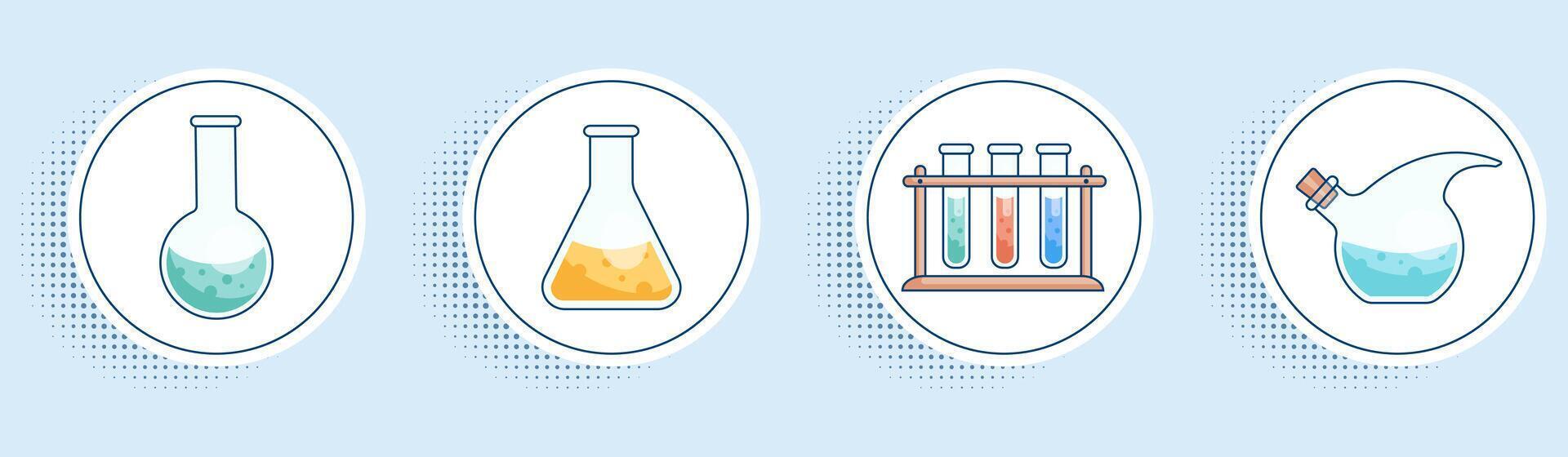 A set of stickers with the image of laboratory chemical glassware flasks, test tubes, dropper. Modern flat style vector