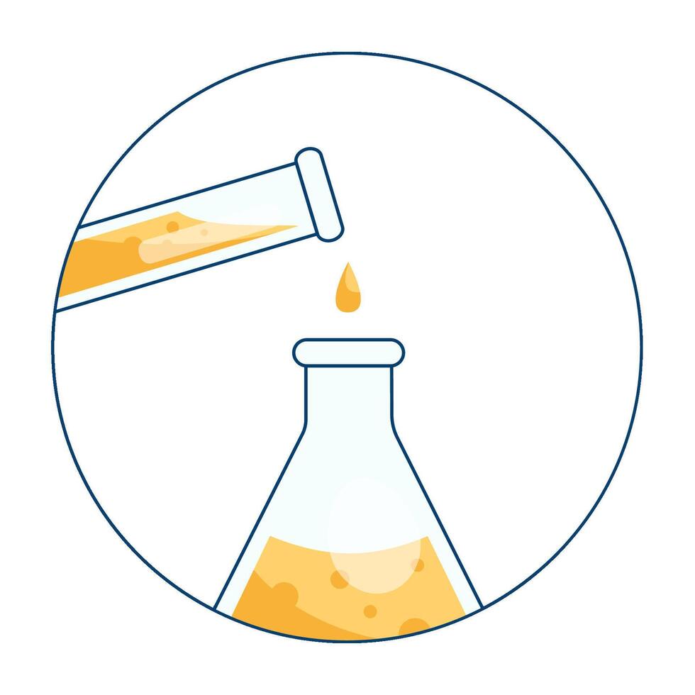 Mixing of reagents. A test tube with liquid and a flask. Chemical reaction. Experiment vector