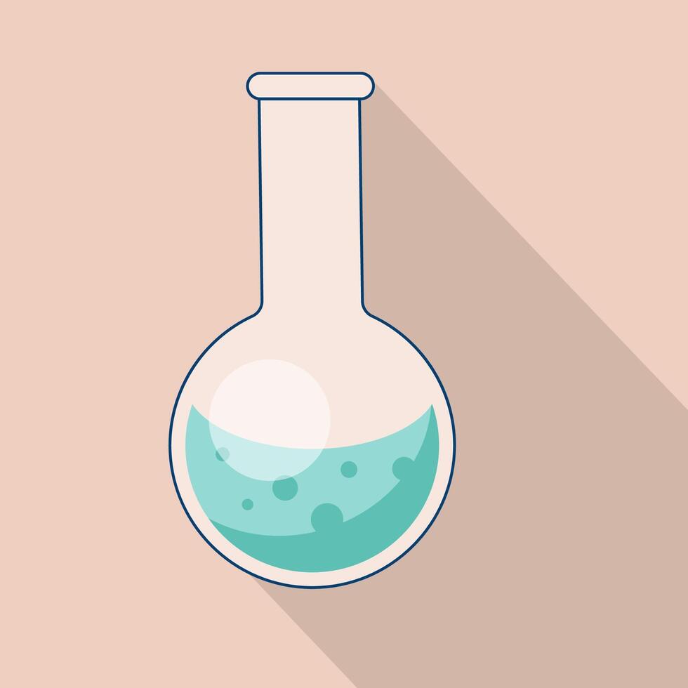 químico matraz, laboratorio cristalería con líquido. ilustración con un largo sombra. investigación, científico experimento, química lección. vector