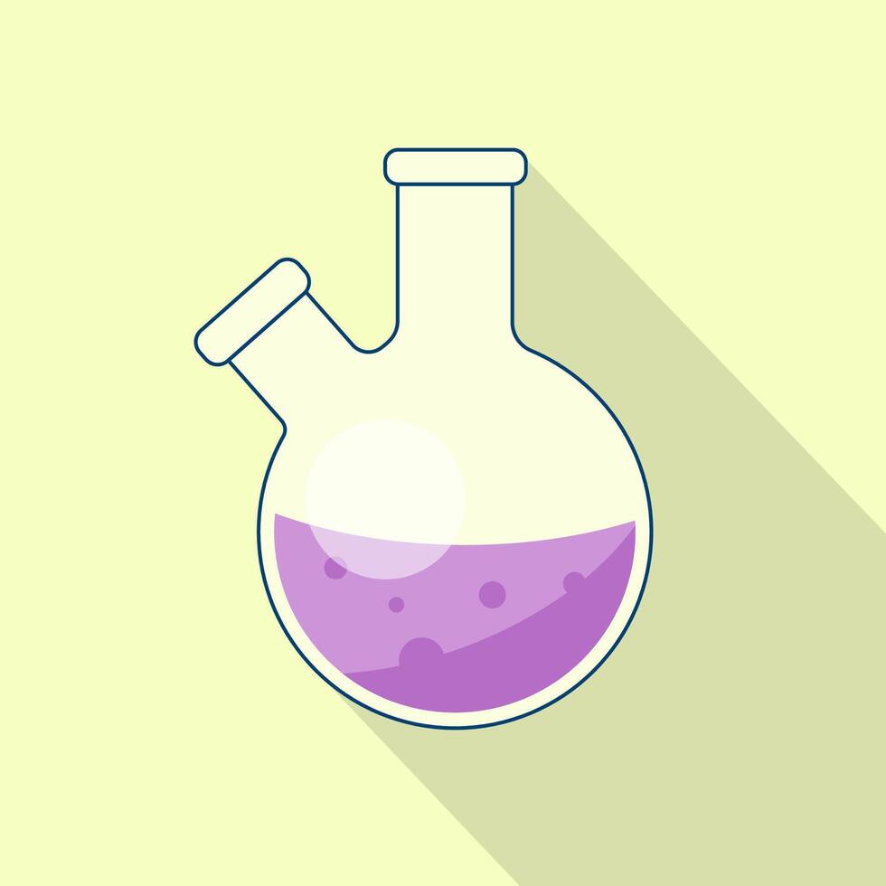 químico matraz, laboratorio cristalería con líquido. ilustración con un largo sombra. investigación, científico experimento, química lección. vector