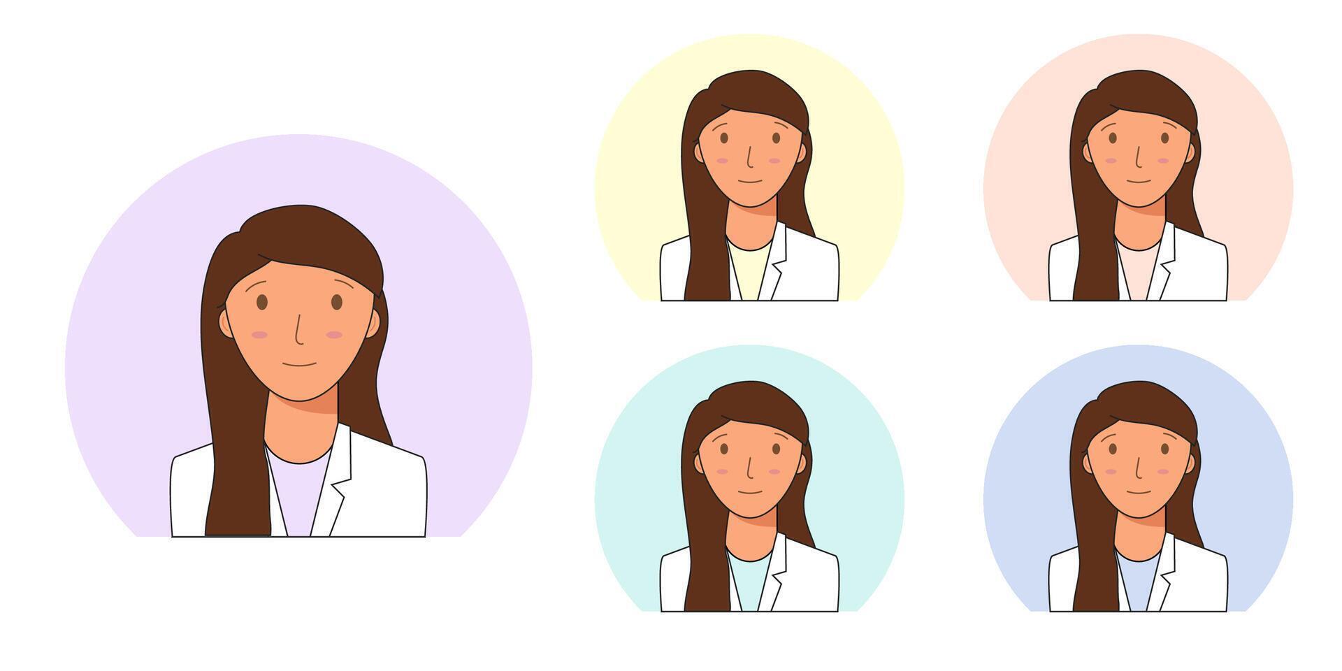 Collection of portraits of women with light and dark skin for profile avatars. Portrait of a woman chemist, researcher, laboratory assistant, doctor. vector