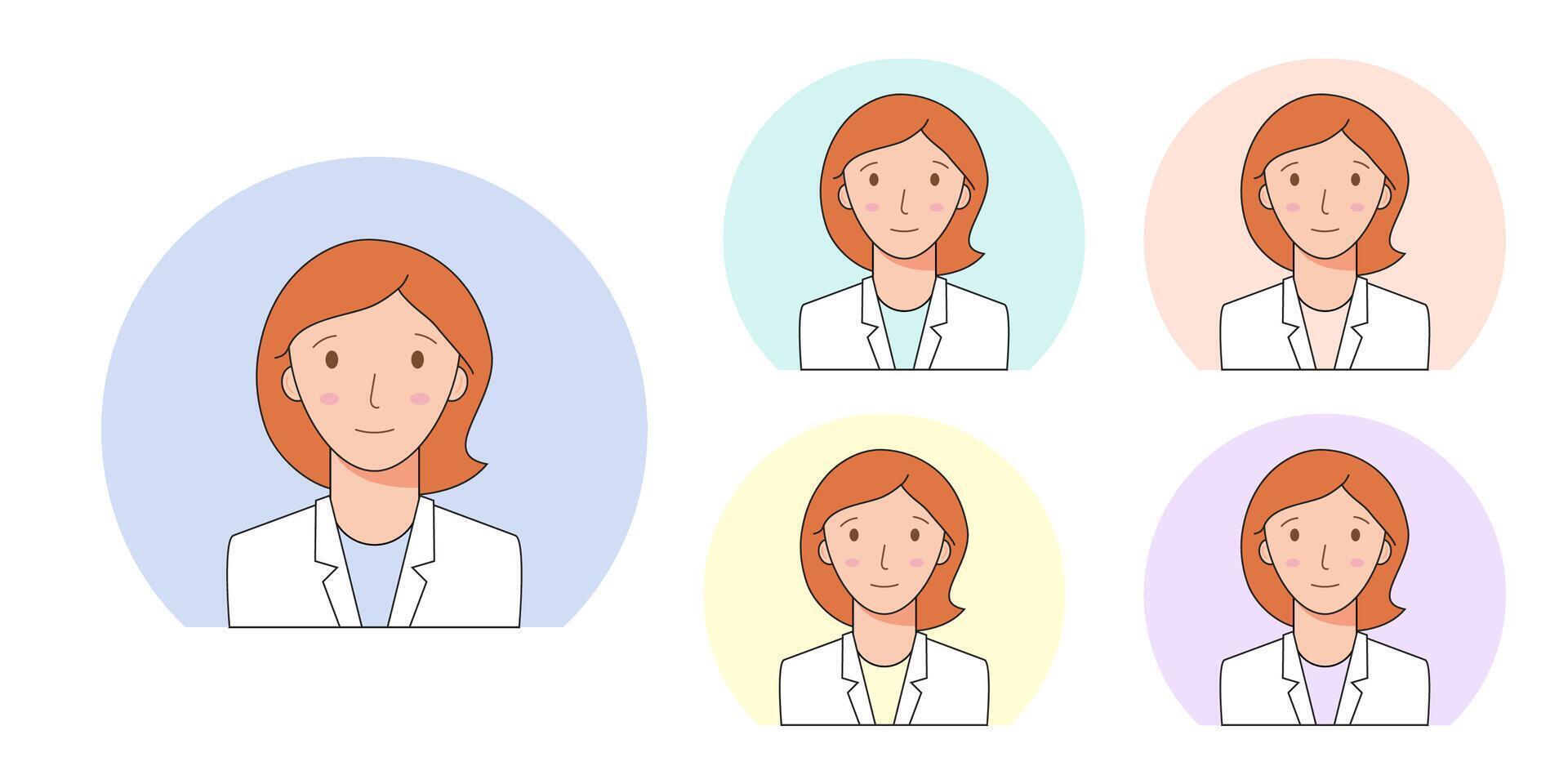 Collection of portraits of women with light and dark skin for profile avatars. Portrait of a woman chemist, researcher, laboratory assistant, doctor. vector