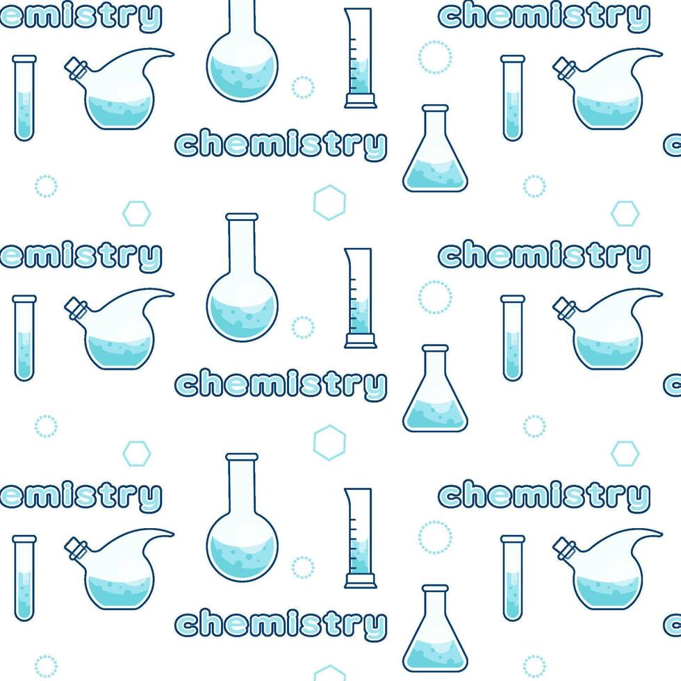 Seamless pattern on the topic of chemistry with flasks, test tubes, molecules. The pattern is included in the Swatches panel vector