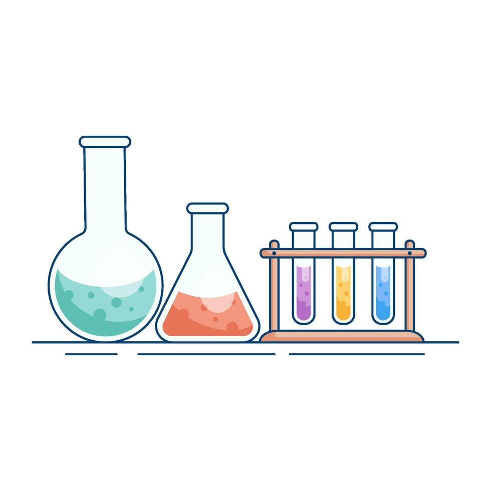 Chemical flasks and test tubes with reagents. Scientific experiment, research. Illustration with modern flat design vector