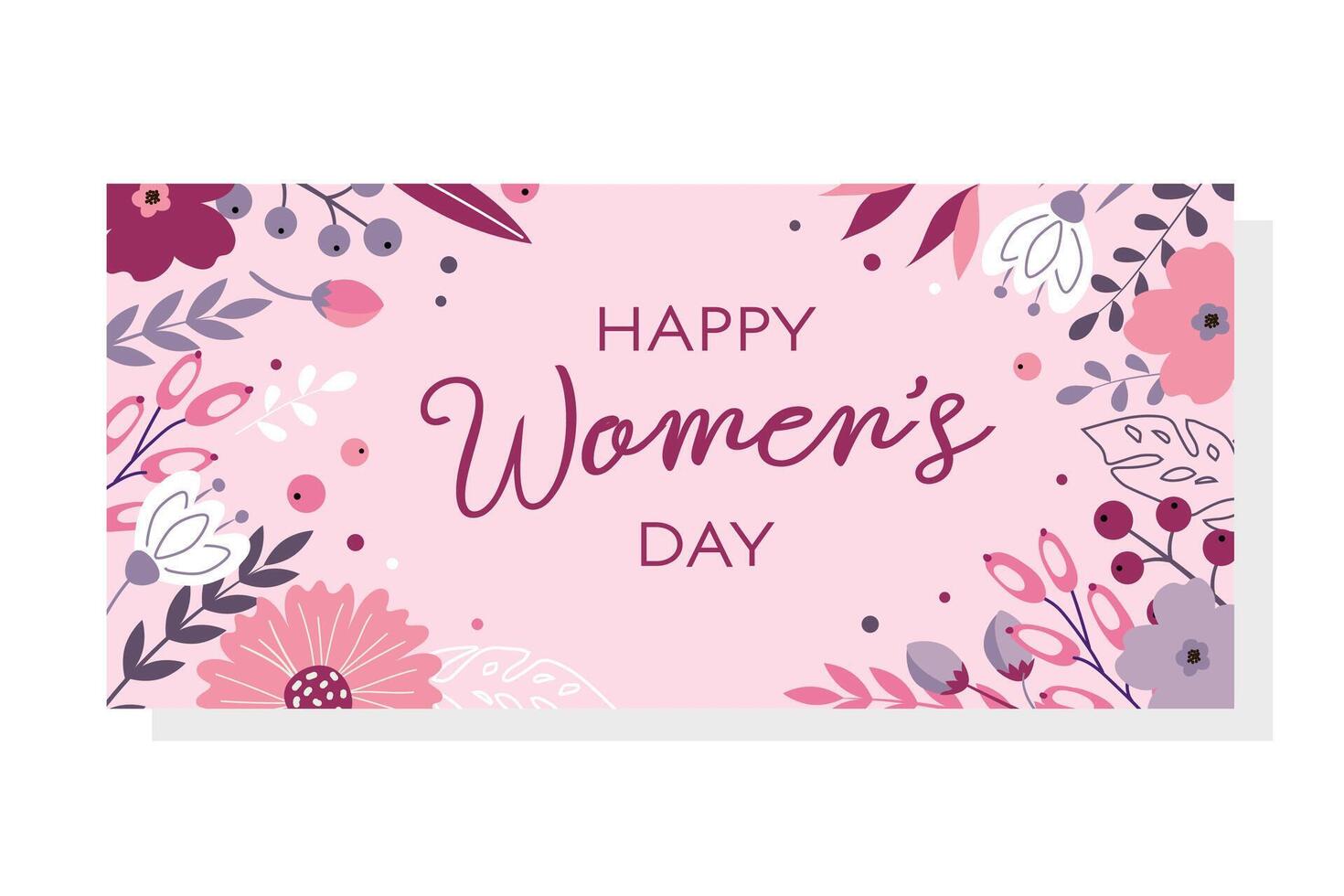 Happy March 8 and International Women's Day. Greeting card with floral pattern, flowers and leaves. Modern flat design. vector