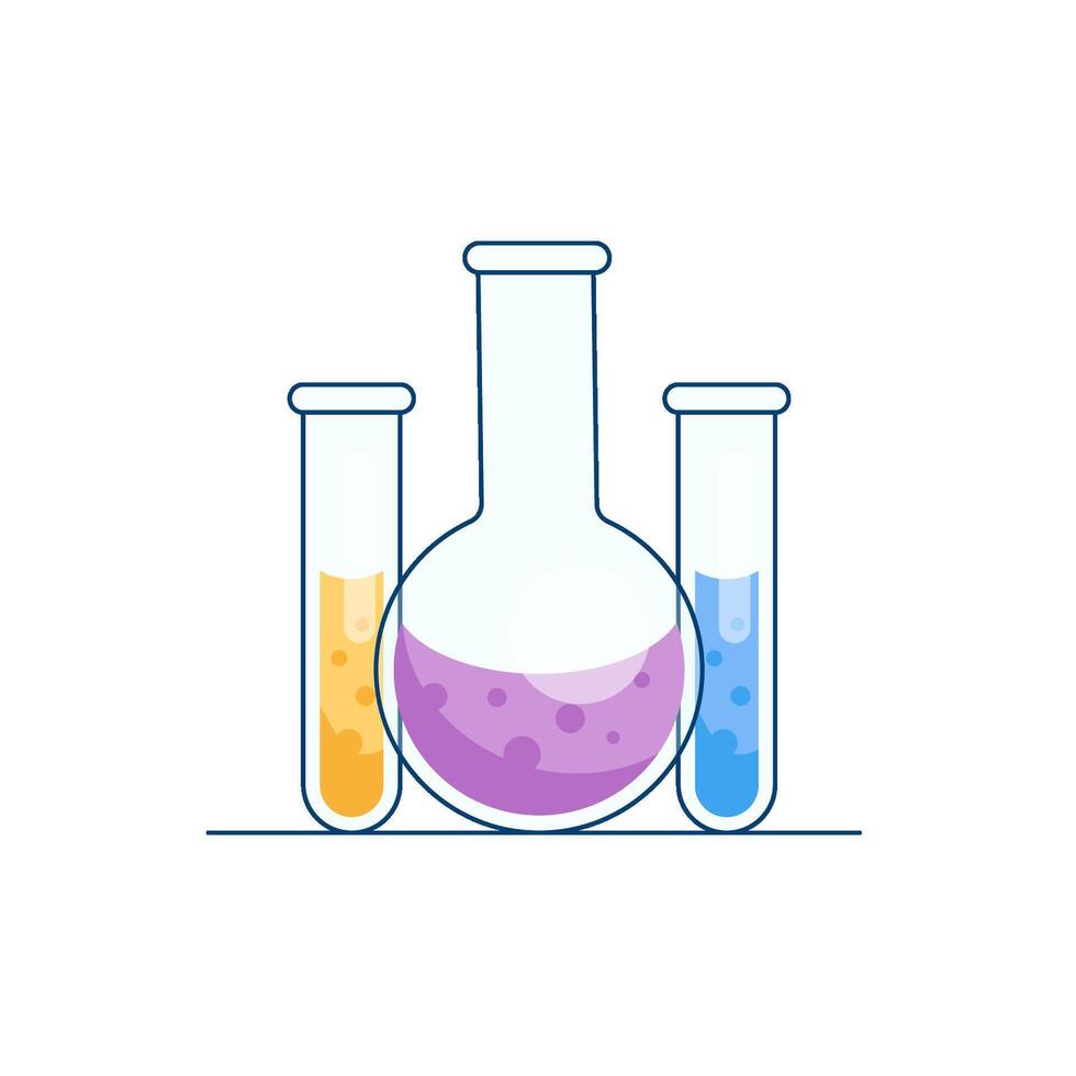 Chemical flasks and test tubes with reagents. Scientific experiment, research. Illustration with modern flat design vector