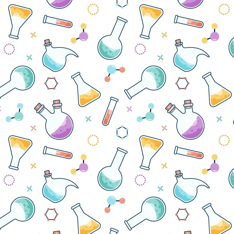 A bright seamless pattern with elements of chemistry flasks, test tubes, molecules, reagents. Modern flat design vector