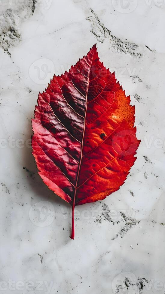 AI generated a red leaf laying on a marble surface photo