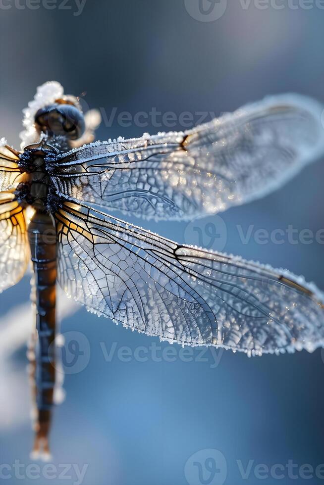 AI generated a close up of a dragonfly with frost on it's wings photo